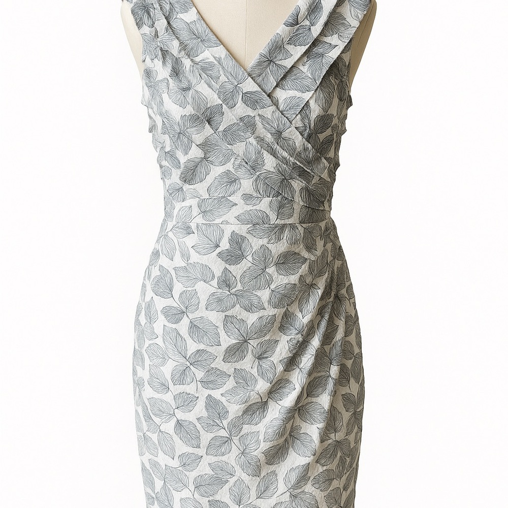 Elegant London Times Gray Leaf Pattern Satin Tiered Dress